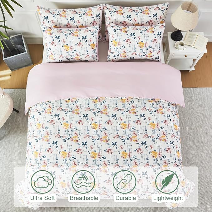 URBONUR Garden Floral Duvet Cover Set 100% Egyptian Cotton Silky Sateen Smooth Breathable Durable Soft Bedding Sets Purple Yellow Flowers Printed on White (3Pcs Twin, 68''x88'')
