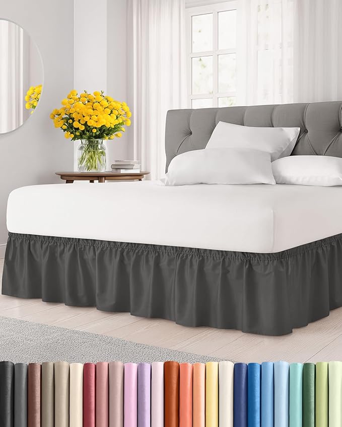 Wrap Around Dust Ruffle Bed Skirt - Charcoal - for Queen Size Beds w/ 15 Inch Drop - Easy Fit Elastic Strap - Adjustable Pleated Bedskirt w/Brushed Fabric - Wrinkle Free - Women, Men, Kids & Teens