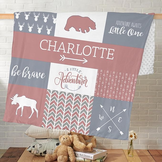 Customzed Baby Blanket for Girls Super Soft Double Layer with Dotted Backing, Receiving Blanket with Cute Woodland Multicolor Printed Blanket Brick Dust 40 x 50 Inch