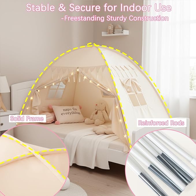 Akiky Bed Tent Bed Canopy Twin Size with Bottom,Kids Tent Indoor Floor with Lights Portable Foldable Bunk Curtains for Girls Boys (Natural, Twin)