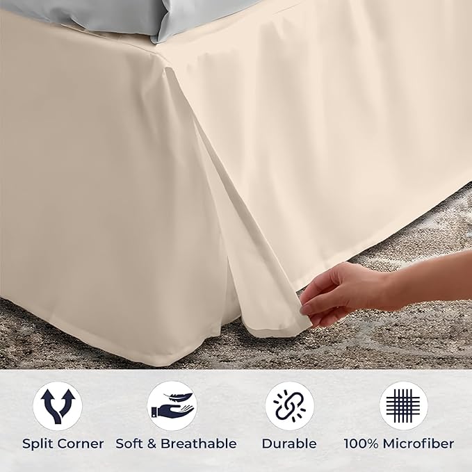 SGI bedding 21 inch Drop Bed Skirt Queen Size - Platform Style with Secure Fit, Classic Tailored Look, Elegant Pleated Style Dust Ruffle, Split Corners, Wrinkle Resistant Microfiber - Beige