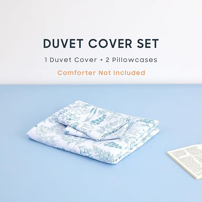Wake In Cloud - Floral Duvet Cover Set, Botanical Vintage Flower Coquette Cottagecore Aesthetic for Women Teen Girls, Soft Lightweight Bedding, 3-Piece, Blue, Full Size