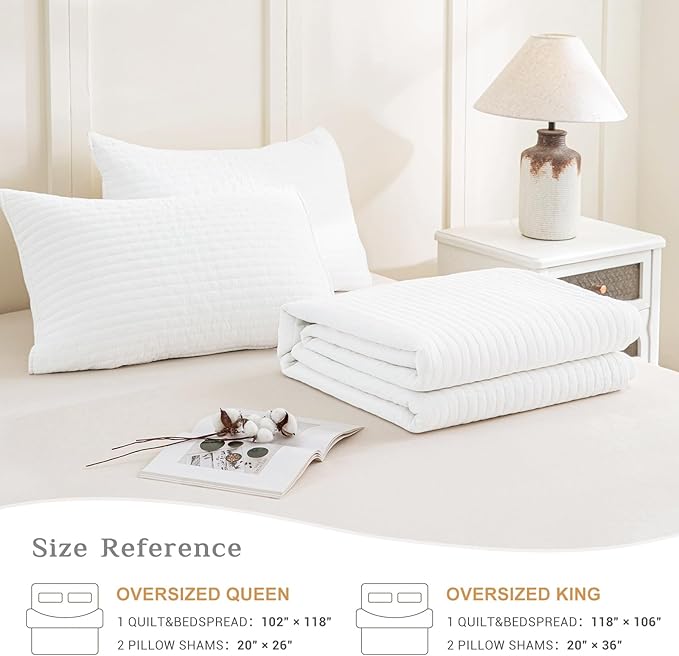 CozyTide Oversized Queen Quilt 102"x118",White Stone-Washed Cotton Lightweight Oversized Queen Bedspread,3 Pieces Extra Large Modern Boho Coverlet Set Ultra Soft