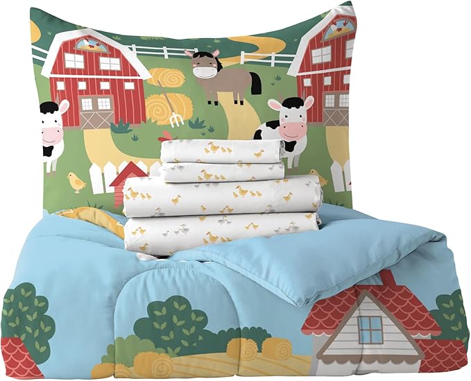 Dream Factory Kids 7-Piece Complete Bed Set Easy-Wash Super Soft Microfiber Comforter Bedding, Full, Multi Barnyard Animals