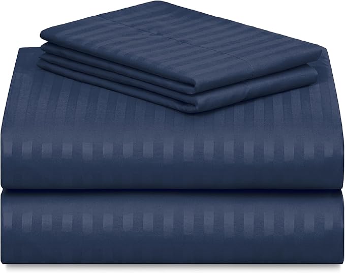 LuxClub 4 PC Cal King Size Sheet Set, Breathable Luxury Bed Sheets, Deep Pockets 18" Wrinkle Free Cooling Machine Washable Hotel Bedding (Striped Navy)