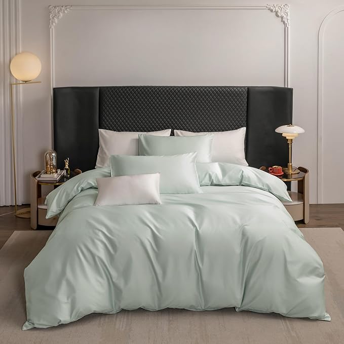 MooMee Duvet Cover Set 100% Extra Long Staple Cotton 600 Thread Count Silky Sateen Smooth Luxury Soft Breathable Durable Hotel Quality Bedding, 3 Pieces (Sage Green, King 104"x90")