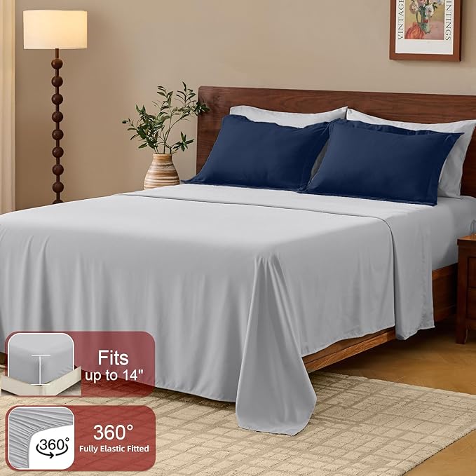 FUANNA King Size Comforter Set 7 Pieces, Reversible Bedding Sets with All Season Soft Comforter, Bed in a Bag Includes Comforter, Flat Sheet, Fitted Sheet, Pillowcases & Shams, Navy Blue & Light Grey