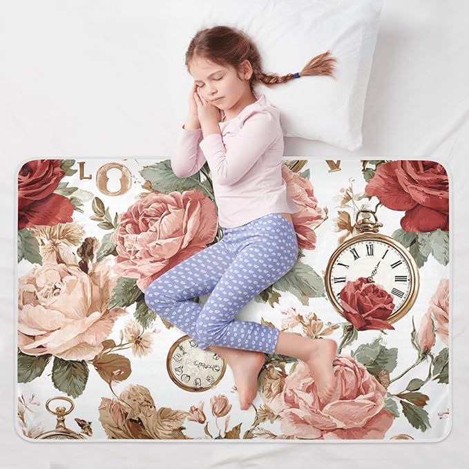 Waterproof Bed Pad Reusable Changing Pad Toddler Mattress Protector Large Pee Pad Baby Diaper Pad Soft Washable Liner Valentine Clockwork Rose Pink