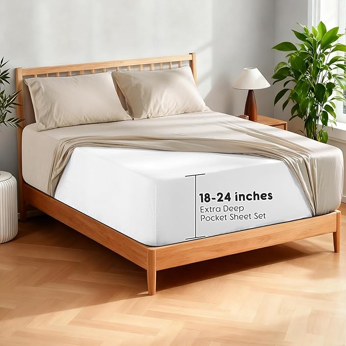 SONORO KATE 100% French Pure Linen Sheets, Extra Deep Pocket up to 18"-24", Breathable and Durable Linen Sheets, Anti-Tear Linen Bed Sheets, Machine Washable - 4 Piece (Natural Linen, King(24" deep))