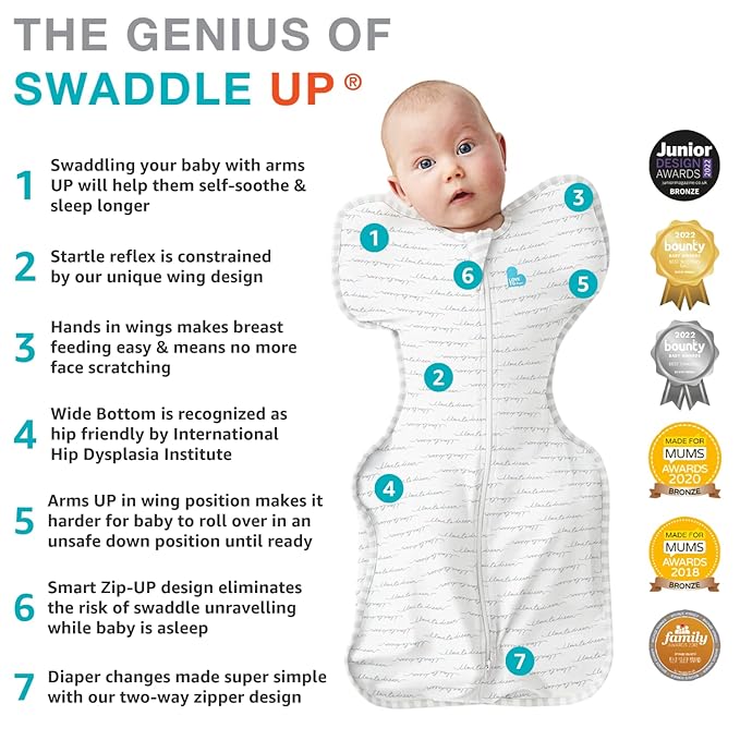 Love to Dream Swaddle UP, Gray, Newborn, 5-8.5 lbs., Dramatically Better Sleep, Allow Baby to Sleep in Their Preferred arms up Position for self-Soothing, snug fit Calms Startle Reflex (Pack of 2)