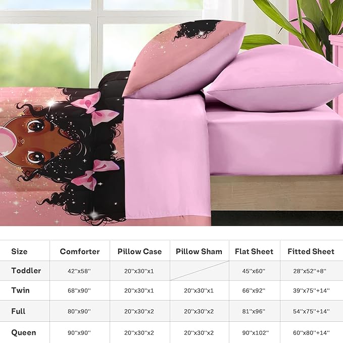 Nesker 5 Pcs Comforter Set Twin Size, African American Princess Bubbles Bedding for Kids Teen, Pink Black Girl Bed Sheet with Pillowcase & Sham
