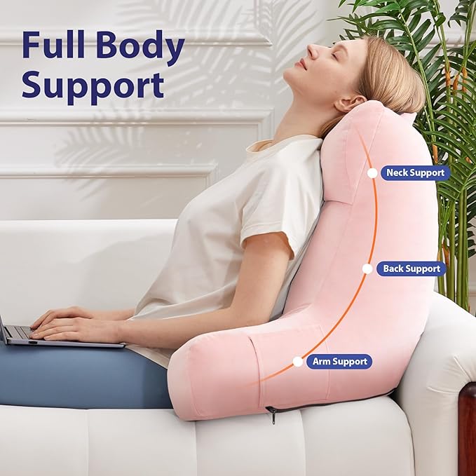Back Pillow for Bed Sitting up, Reading Pillow for Sitting in Bed Adult, Back Support Pillow, Memory Foam Sit up Lounge Backrest Pillow with Arms for TV, Couch, Chair, Dorm, 24 Inch, Pink