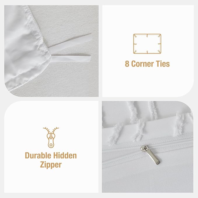 Lekesky White Duvet Cover Queen Size, Boho Tufted Textured Queen Duvet Cover Set 3pcs Ultra Soft Microfiber Breathable Shabby Chic Bedding Sets with Zipper Ties (No Comforter)