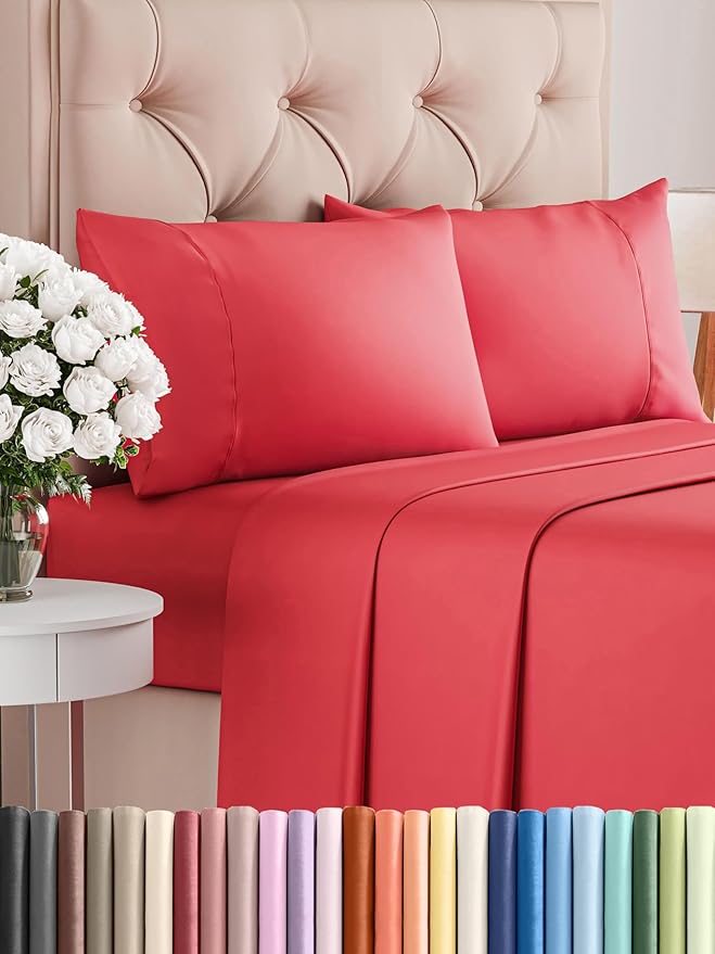 Twin 4 Piece Sheet Set - Comfy Breathable & Cooling - Ultra Soft Hotel Luxury Bedding Set with 8-16 Inch Deep Pockets - 1 Flat & 1 Fitted Sheet & 2 Pillowcases - Cozy, Wrinkle Free & Easy Care - Red