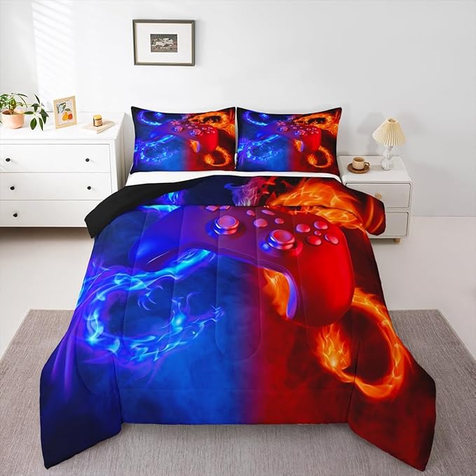 Ice Fire Dragon Comforter Set for Boys Teens Kids Gamer Games Room Decor Bedding Set Blue Red Gaming Gamepad Down Comforter ,Fairy Tale Animals Theme Room Decor 2Pcs Duvet Insert King Size,Soft