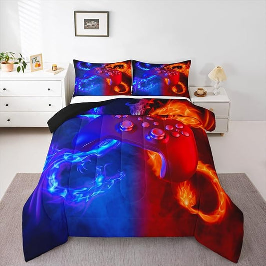 Ice Fire Dragon Comforter Set for Boys Teens Kids Gamer Games Room Decor Bedding Set Blue Red Gaming Gamepad Down Comforter ,Fairy Tale Animals Theme Room Decor 3Pcs Duvet Insert Queen Size,Soft