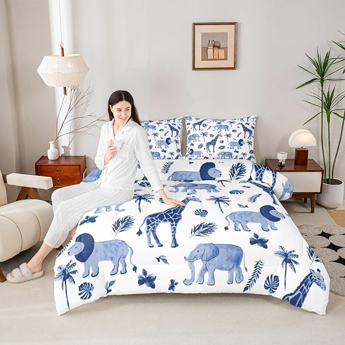 Feelyou Jungle Animals Comforter Toddler Size Elephant Lion Giraffe Animal Bedding Sets African Safari Animal Comforter Set for Kids Boys Girls Hunter Blue Rust Wildlife Down Comforter