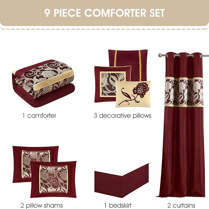 Grand Avenue Red and Gold Comforter Set Queen Size, 9 Piece Jacquard Floral Bedding Set, All Season, Ultra-Soft, Matching Pillows & Shams, Bed Skirt, Curtains