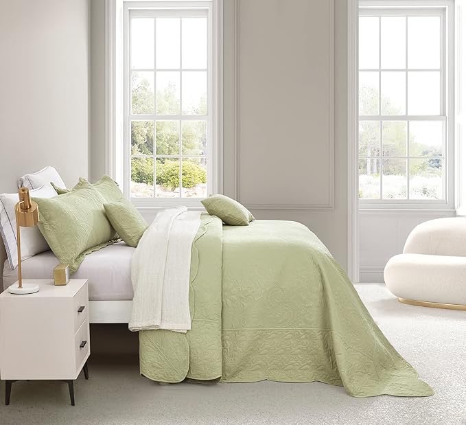 Oversized King Bedspread, Ultrasonic Lightweight Bedding Cover, Paisley Pattern, Reversible, 5 Piece, 100% Microfiber, Sage Green