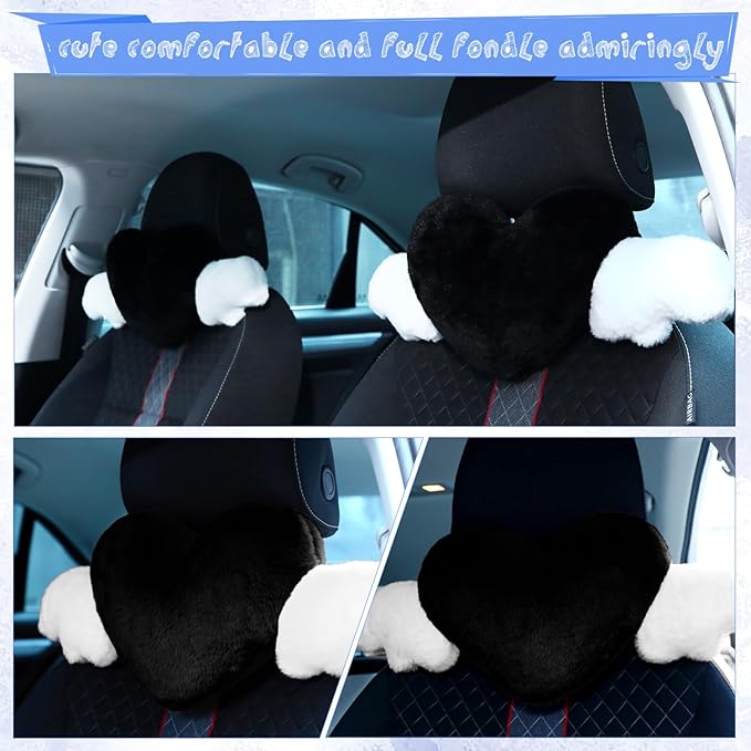 Macarrie 2 Pcs Plush Heart Shaped Pillow with Angel Wings Car Headrest Soft Comfortable Seat Pillow for Driving Travelling Room Office Car Decor, 19.7 x 8.3 Inch(Black)