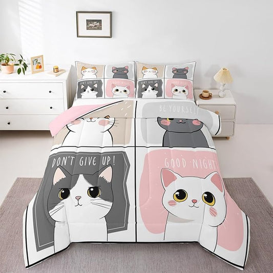 Erosebridal Kawaii Cats Comforter Set Queen,Pink Grey Cute Little Cat Down Comforter Adorable Kitten Animal Bedding Set For Kids Boys Girls Patchwork Cartoon Doodle Quilt Duvet Set With 2 Pillow Cases