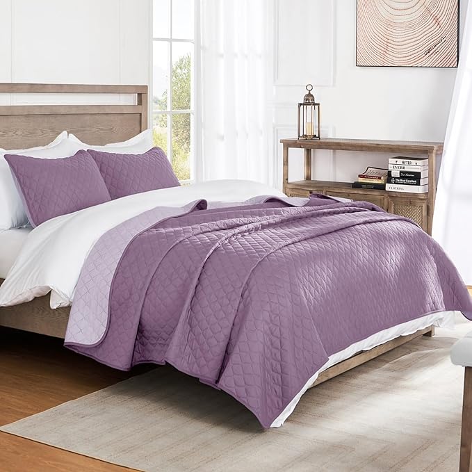 Exclusivo Mezcla Reversible Twin Quilt Bedding Set with Pillow Sham, Lightweight Quilts Twin Size, Soft Bedspreads Bed Coverlets for All Seasons - (Dusty Lavender, 68"x88")