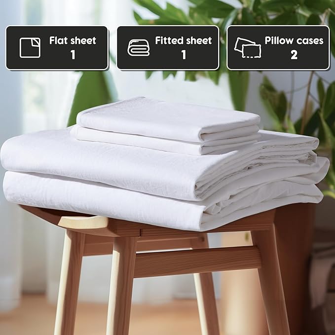 SONORO KATE 100% French Pure Linen Sheets, Extra Deep Pocket up to 18"-24", Breathable and Durable Linen Sheets, Anti-Tear Linen Bed Sheets, Machine Washable - 4 Piece (White, King(24" deep))