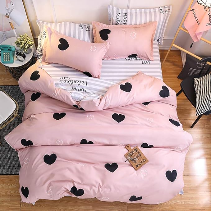 Omelas Blush Pink Heart-Shaped Queen Duvet Cover Set Black and Dusty Rose Full Bedding Comforter Cover Reversible Blue White Striped Soft Microfiber Quilt Cover for Kids Girls Teens Women