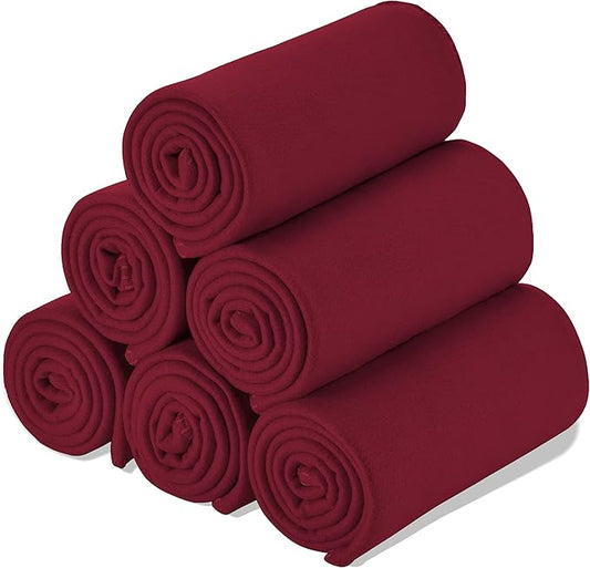 Fleece Throw Blanket Set Bulk for Travel Kids Outdoor Wedding Pet (Burgundy, Pack of 6 50x60 Inches)