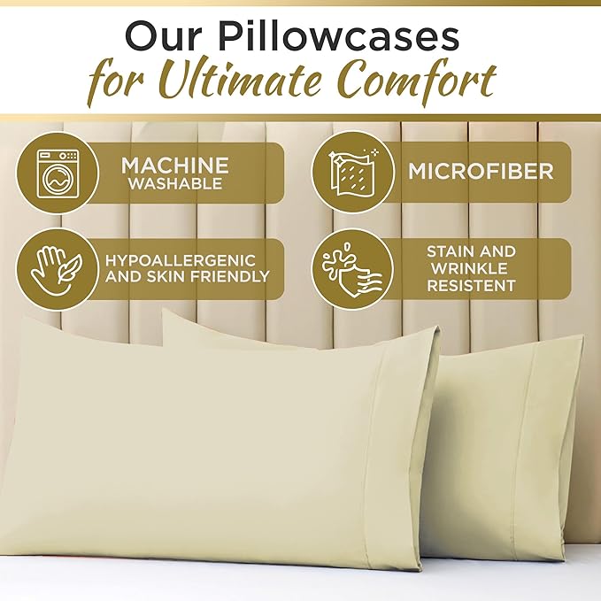 Twin XL 100% Microfiber Double Brushed Sheet Set - Extra-Soft & Wrinkle-Free - 15" Deep Pockets, 39" x 80" - Ideal for Dorms, Hospitals & Split King Beds - 3 PC Set (Twin XL, Beige)