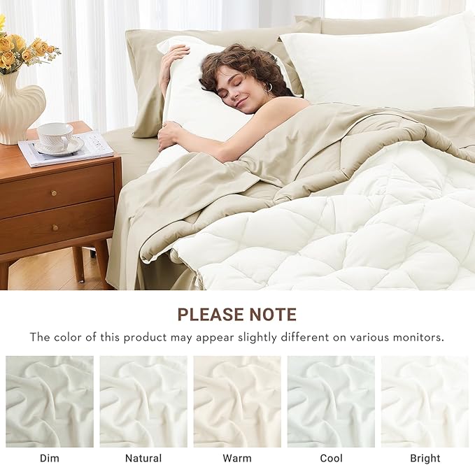 MUXHOMO 5 Pieces Twin Comforter Set, Reversible Bed in a Bag Twin Size, All Season Bedding Set with Comforter, Flat Sheet, Fitted Sheet, Pillowcases & Shams, Ivory & Khaki