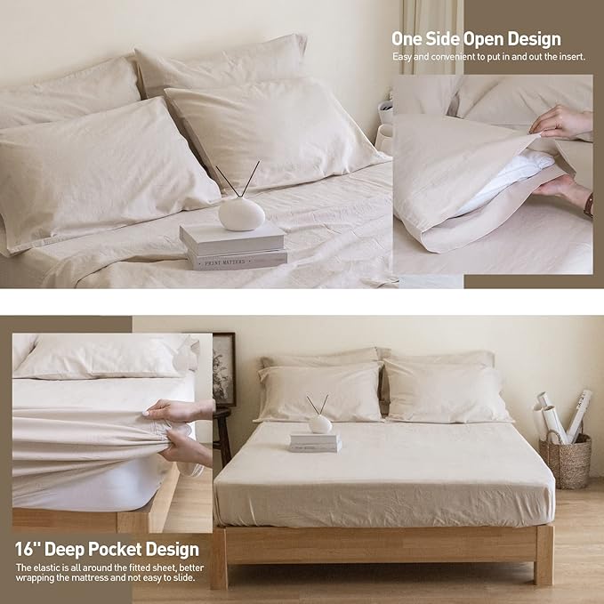 Simple&Opulence Belgian Linen Sheet Set Solid Color - 6 Pieces (1 Flat Sheet & 1 Fitted Sheet & 4 Pillowcases) 16" Deep Pocket Natural Flax Cotton Blended Soft Bedding - Linen, King Size