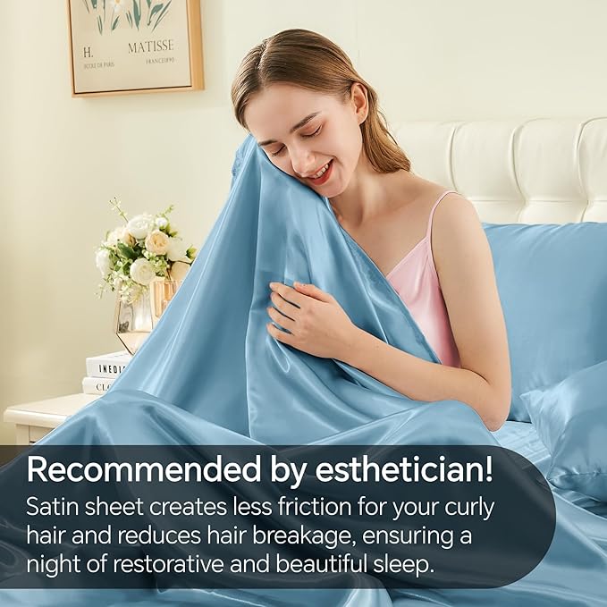 BEDELITE Satin Sheets Twin Size Bed Set, Luxury Soft Airy Blue Silky Sheets for Hair and Skin, Similar to Silk Bed Sheets Set 3 Pieces with 1 Deep Pocket Fitted Sheet, 1 Flat Sheet, and 1 Pillowcase