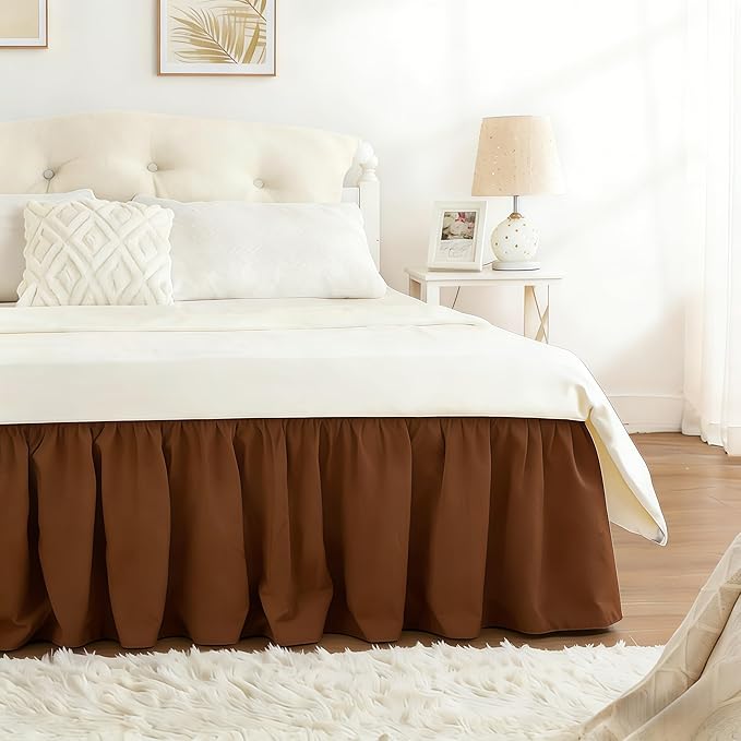 RIMELA Bed Skirt Queen Size 15 Inch Drop, Elastic Bed Skirting for Bed Base and Frame, Bedding Dust Ruffle Easy to Install, Wrap Around Adjustable Bedskirt, Chocolate Brown