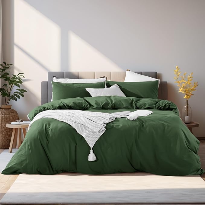 NEXHOME PRO Duvet Cover Set 100% Washed Cotton Full Size Linen Feel Textured Organic Natural 3 Pieces Bedding Set with Zipper Closure and Corner Ties, Breathable, Soft (Forest Green, No Comforter)