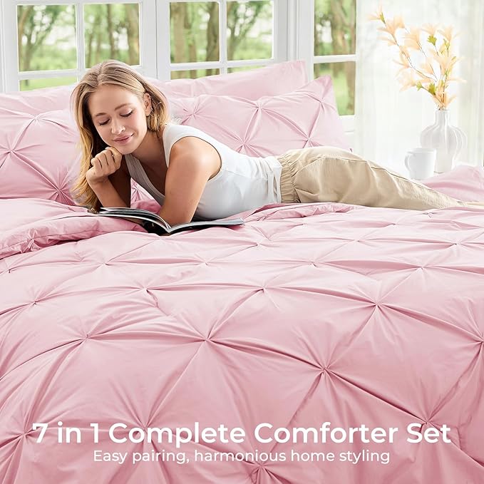 Sasttie Twin XL Comforter Set, 5-Piece Bed in a Bag, Pintuck Bedding Set for All Season, Includes Comforter, Flat Sheet, Fitted Sheet, Pillowcase and Pillowsham, Baby Pink