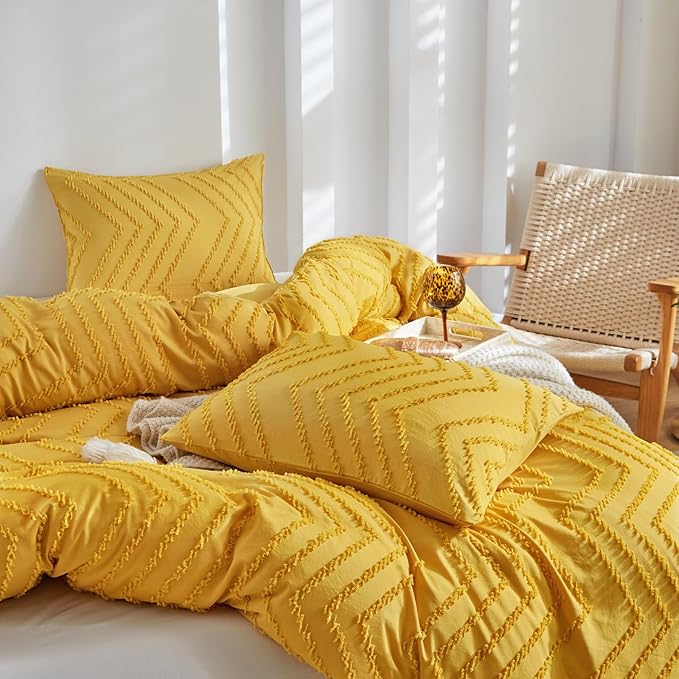 WARMDERN Boho Duvet Cover Set, Tufted Bedding Duvet Covers Soft Washed Microfiber Duvet Cover Queen Size, 3 Pieces Embroidery Shabby Chic Duvet Cover with Zipper Closure(Bright Yellow, Queen)