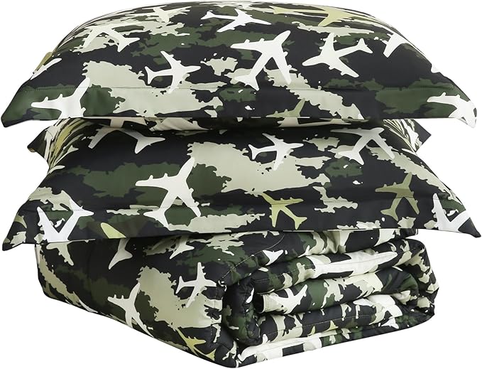 Yibeizi Airplane Comforter Set for Boys Full Size, Kids Green Camouflage Printed Bedding Set with Pillow Sham, Cute Lightweight Soft Breathable Machine Washable Quilted Bed Comforter Set 3 Piece