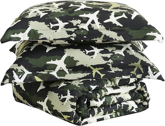 Yibeizi Airplane Comforter Set for Boys Twin, Kids Green Camouflage Printed Bedding Set with Pillow Sham, Cute Lightweight Soft Breathable Machine Washable Quilted Bed Comforter Set 2 Piece