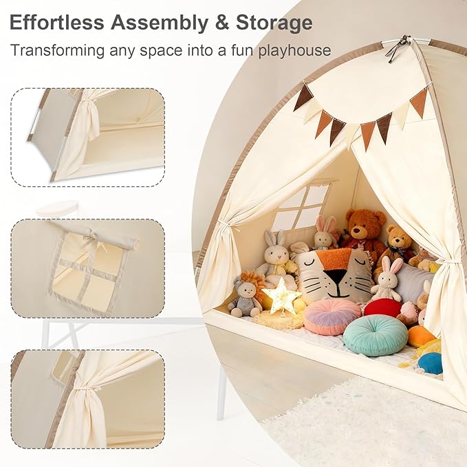 Full Bed Tent Canopy, Indoor Blackout Privacy Toddler Bed Tent for Kids with Light, Portable Sleeping Floor Kids Playhouse (Cream, Full Size)