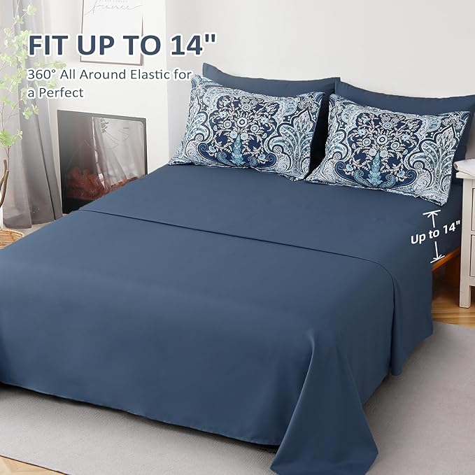 Drucon Paisley Comforter Set King Size, 7 Pieces Bed in a Bag Blue Boho Comforter, Soft Lightweight Microfiber Bedding Set (1 Comforter, 1 Flat Sheet, 1 Fitted Sheet, 2 Pillow Shams, 2 Pillowcases)