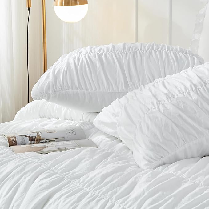 Bonlino King Size Comforter Set - Ruched White Comforter King Bed Set Boho Shabby Chic Bedding - Fluffy 3 Piece Ruffle Comforter Set with Pillow - Soft and Luxury
