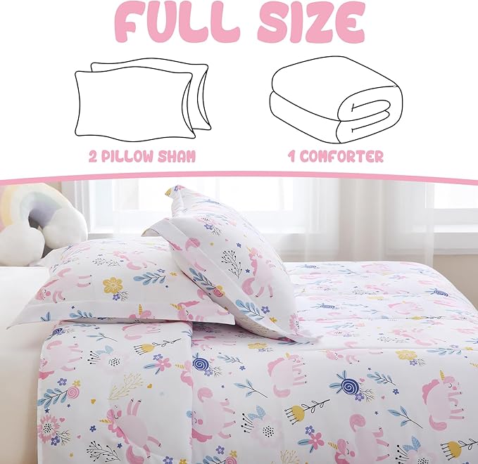 Yibeizi Pink Unicorn Comforter Set for Girls Full Size, Kids Boho Floral Printed Bedding Set with Pillow Sham, Cute Lightweight Soft Breathable Machine Washable Quilted Bed Comforter Set 3 Piece