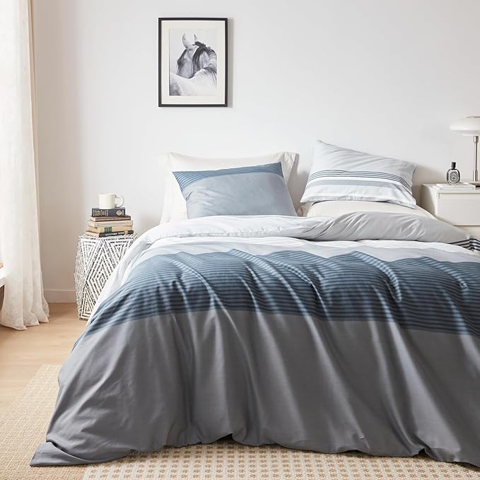 YuHeGuoJi Teal Blue Striped Duvet Cover King 100% Cotton 3 Pcs Set 1 Gray White Geometric Duvet Cover with Zipper Ties 2 Pillowcases Neutral Modern Pinstriped Bedding Set Soft