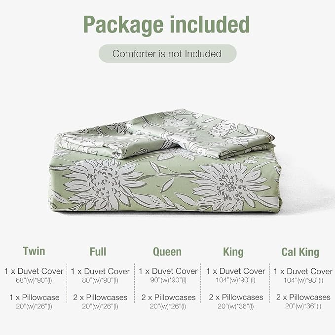 Lekesky King Size Duvet Cover Set, Reversible Duvet Cover King with White Floral Pattern, Lightweight Soft Microfiber Comforter Cover, 3 Pieces Green Bedding Set with Zipper and 2 Pillowcases