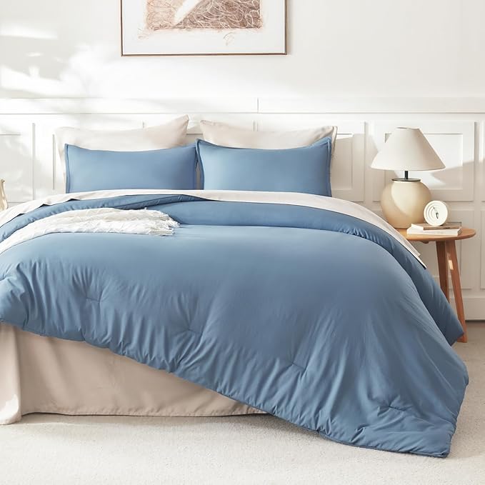 Litanika King Comforter Set Grayish Blue, 3 Pieces Lightweight Solid Bedding Comforter Set, All Season Fluffy Bed Set (104x90In Comforter & 2 Pillowcases)
