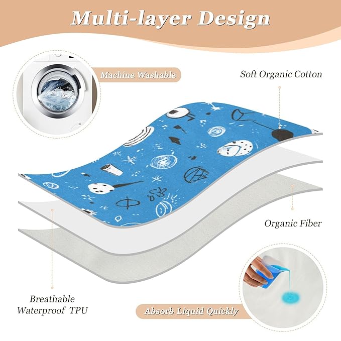 Waterproof Bed Pad Reusable Changing Pad Toddler Mattress Protector Large Pee Pad Baby Diaper Pad Soft Washable Liner Blue Space Doodle Rocket Spacemen