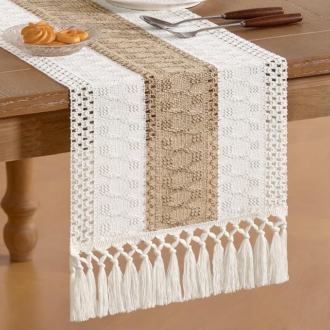 Socomi Boho Table Runner Easter Spring Farmhouse Rustic Dining Kitchen Centerpiece Decor Small Macrame Woven Cotton Linen Coffee Table Runner for Dresser Scarf Home Decor 12x90 inch