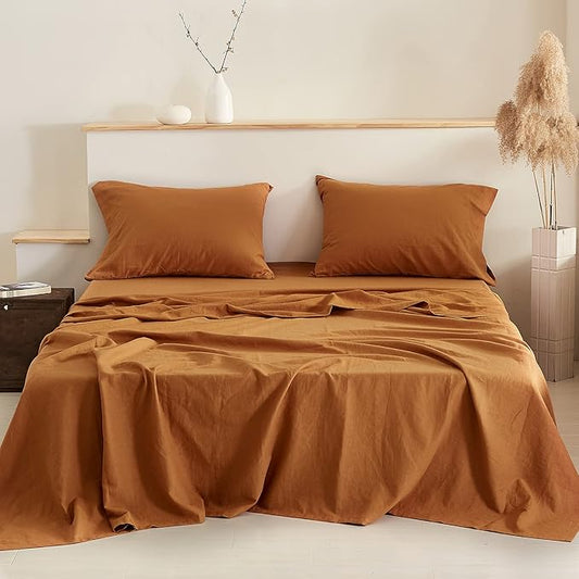 Simple&Opulence Belgian Linen Sheet Set Solid Color - 4 Pieces (1 Flat Sheet, 1 Fitted Sheet & 2 Pillowcases) Natural Flax Cotton Blend Soft Breathable Farmhouse Bedding - King Size, Rust