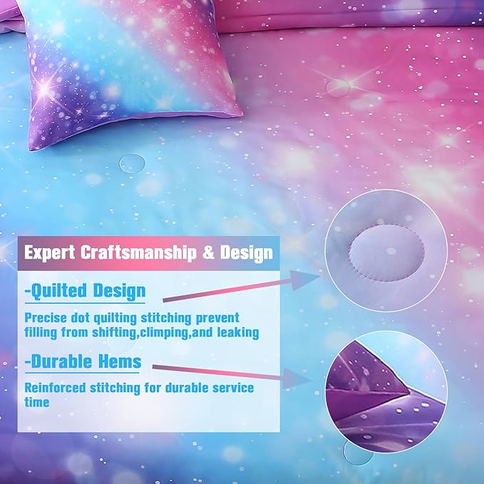 JQinHome Glitter Bedding Set Full Size,6 Piece Bed in A Bag 3D Colorful Rainbow Galaxy Comforter Set for Girls Kids-All Season Microfiber Tie-Dye Bedding Sets(Blue Purple)